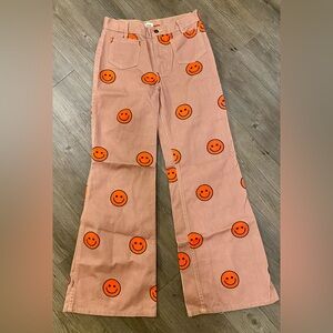 Solstice Printed Denim Hippy Happy Pants with Orange Smiley Faces